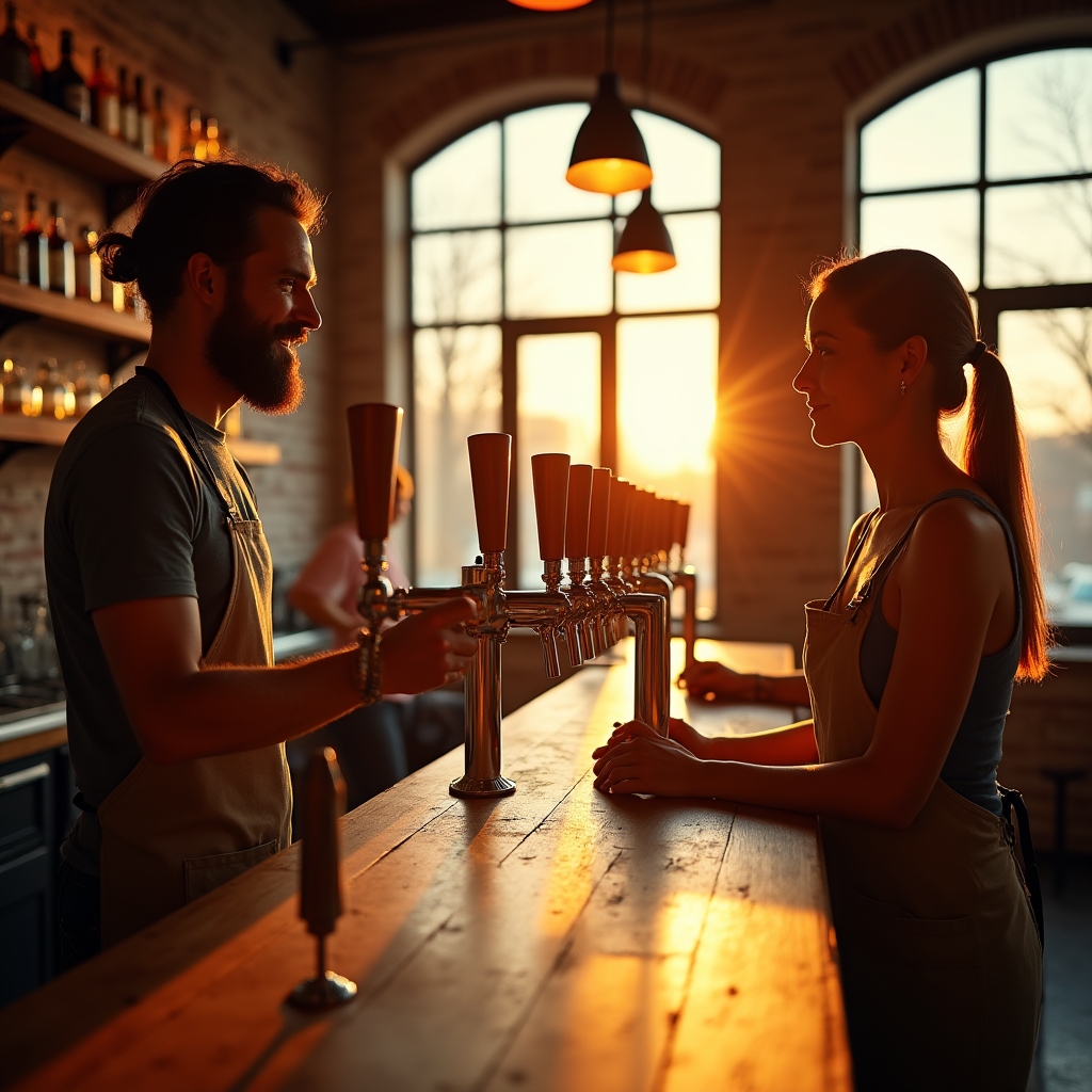 Barra de un taproom artesanal con grifos de cerveza y clientes conversando