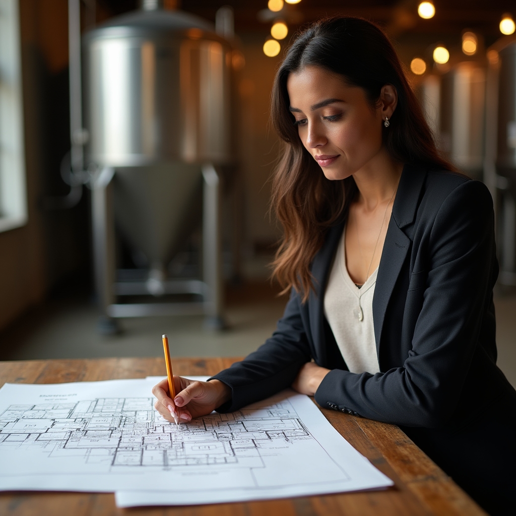 Consultor revisando un plano de distribución de espacio para un taproom