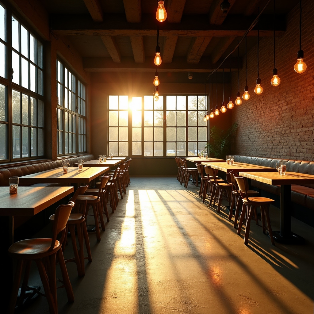 Interior de un taproom con mesas de madera y luz natural